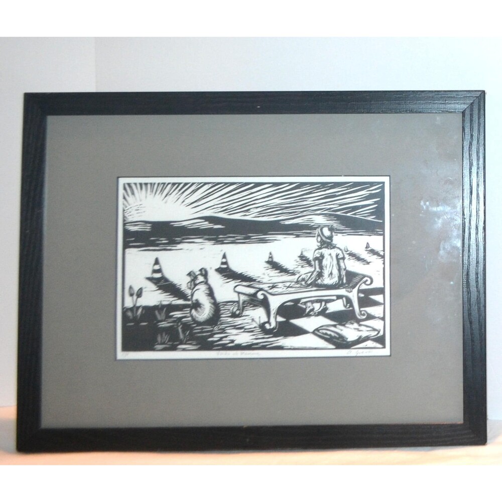 Vintage Artwork Beach Sailboats Dog Bench Person